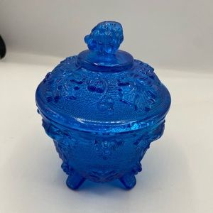 Jeannette Cobalt Blue Grapes And Leaves Candy Jar Flash F37 glass painted teal